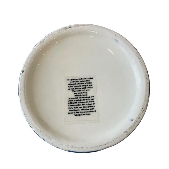 Hand Painted Checkered Ceramic Canister w/ Wood Lid Made in India Blue White NEW - Picture 10 of 16